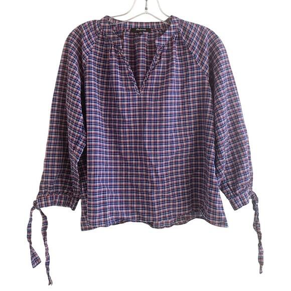 Madewell Blue Red Tie-Sleeve Linen Blend Top in Plaid Size - M - Picture 3 of 9